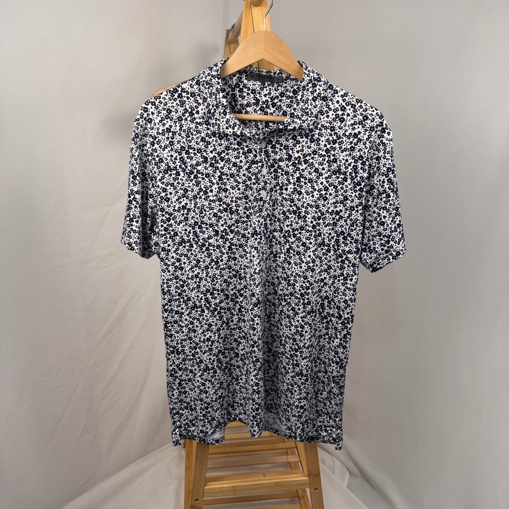 G/FORE Floral Polo Shirt Mens Size M White Navy Blue Flowers Performance Golf